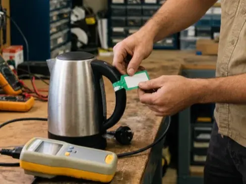 Electrician testing a power point with a clamp meter and test probe